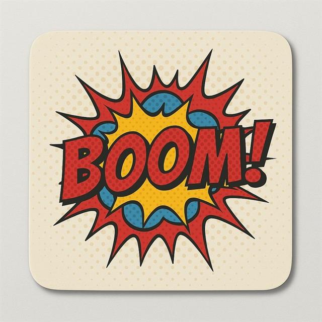 “BOOM!” Yazılı Patlama Efektli Ahşap Bardak Altlığı