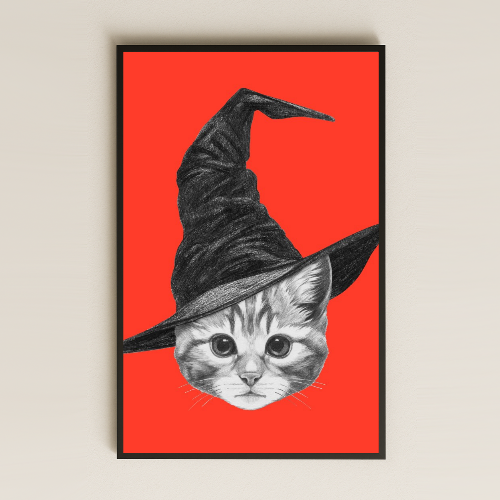 Cadı Şapkalı Kedi İllüstrasyonu Dijital Sanat Pleksi Tablo