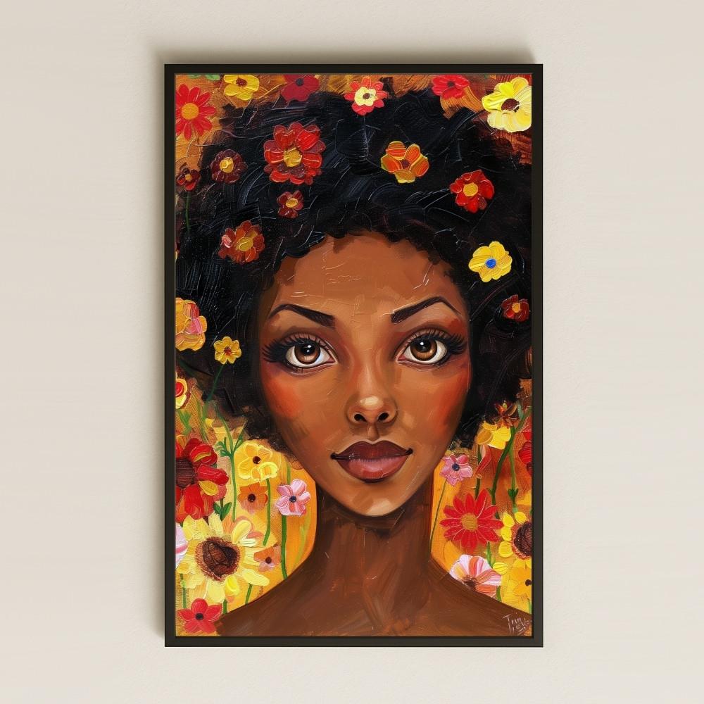 Çiçekli Saçlı Afro Kadını Renkli Şeffaf Pleksi Tablo