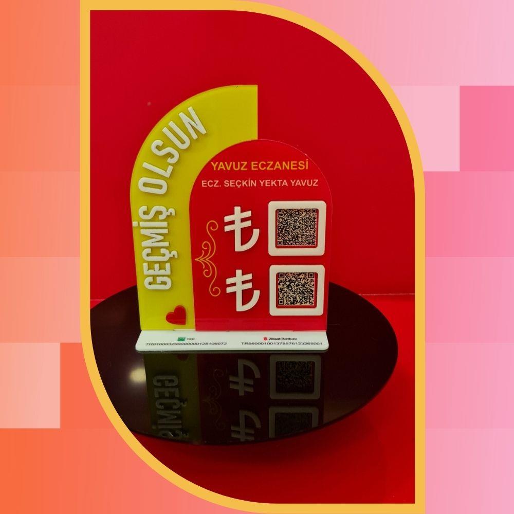 Eczane Özel 3D Yazılı Çift IBAN ve QR Kod Ödeme Standı - "Geçmiş Olsun" Tasarımlı