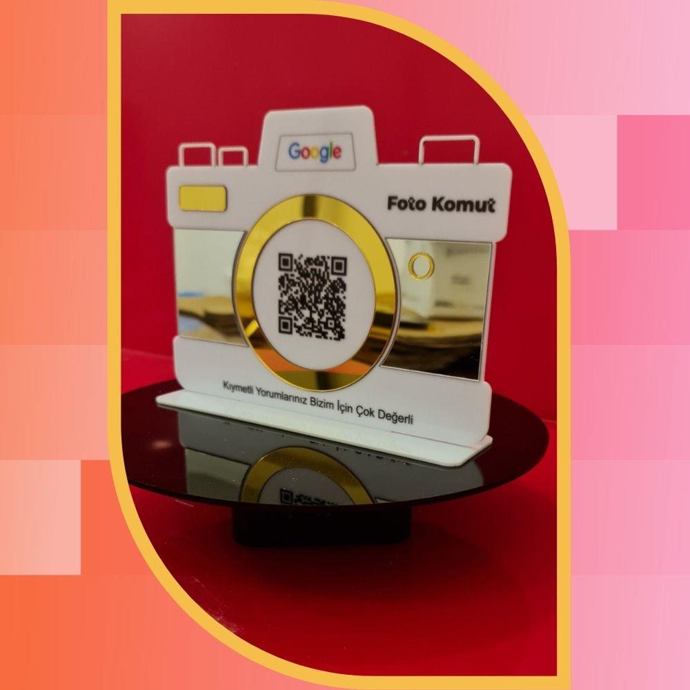 Fotoğrafçı Özel Kamera Formlu Google Yorum QR Kod Standı - Gold Aynalı