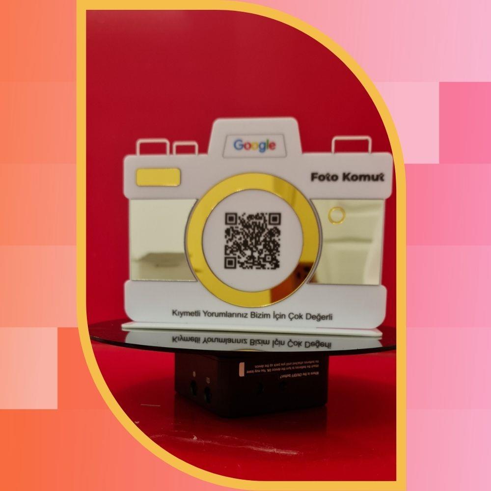 Fotoğrafçı Özel Kamera Formlu Google Yorum QR Kod Standı - Gold Aynalı