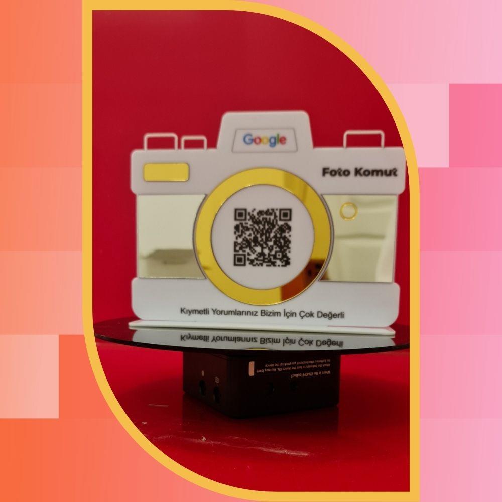 Fotoğrafçı Özel Kamera Formlu Google Yorum QR Kod Standı - Gold Aynalı