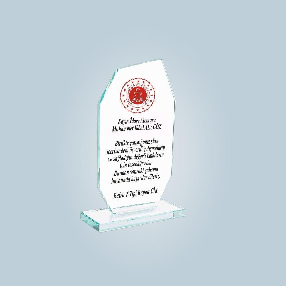 Geometrik Kesim Özel Tasarım UV Baskılı Cam Plaket
