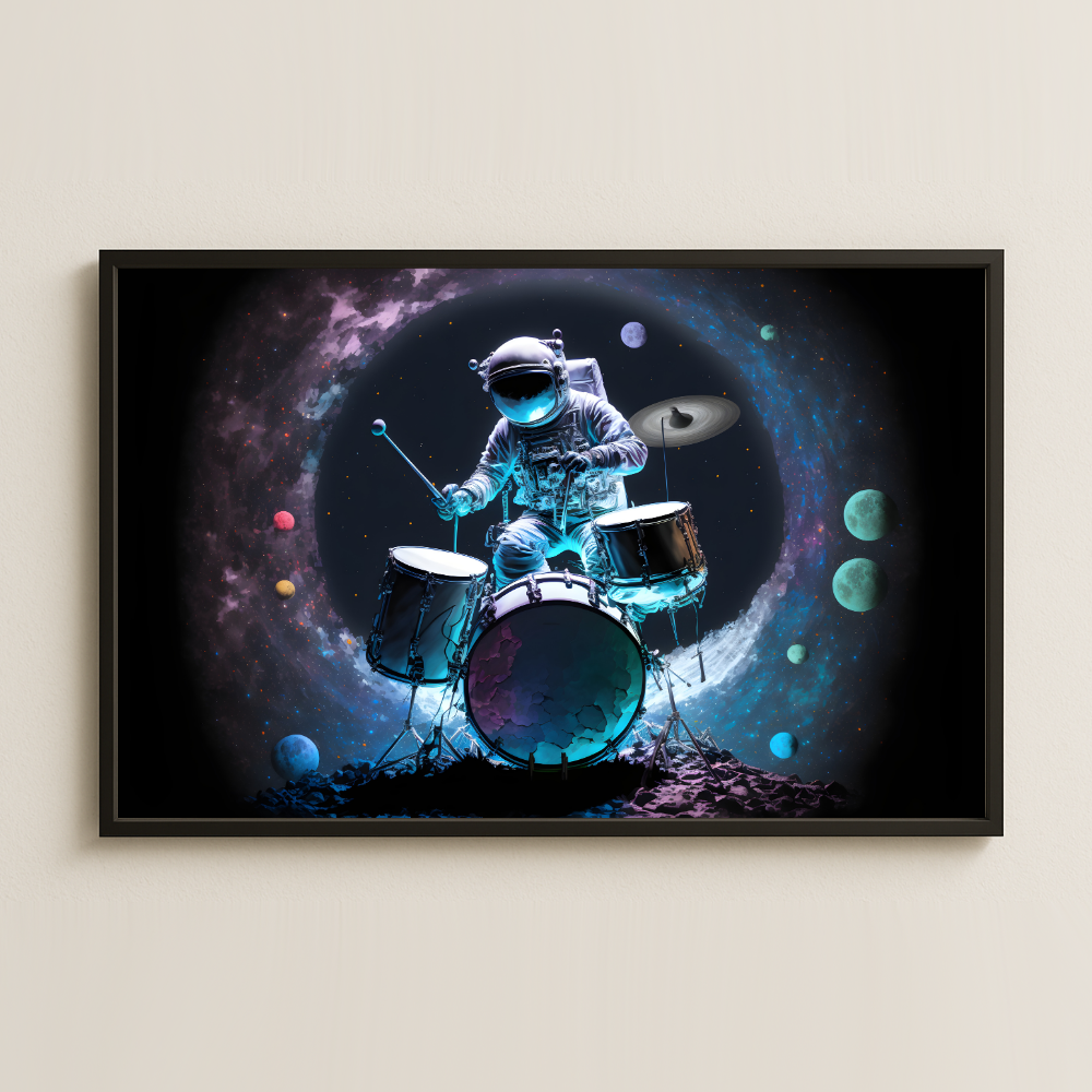 Gezegenler Arasında Davul Çalan Astronot Pleksi Tablo - Kozmik Müzik Dekoru