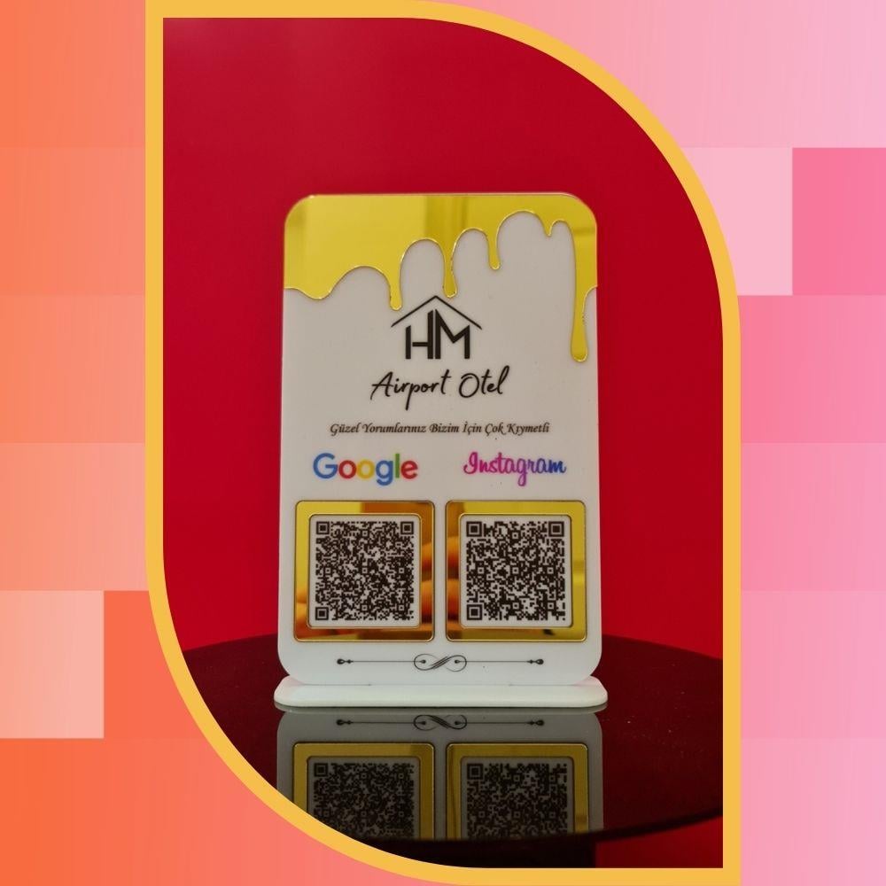 Gold Damla Detaylı Otel Tipi 2'li QR Kod Standı - Google Yorum ve Instagram Panosu