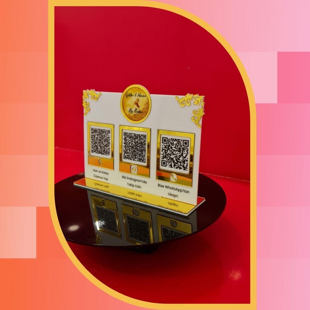 Gold İşlemeli Beyaz Pleksi 3'lü QR Kod Sosyal Medya ve Ödeme Standı - 25x14 cm