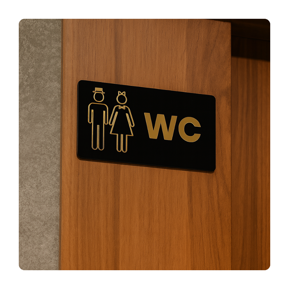 Gold Siyah Pleksi WC Kapı Panosu – 15x30 cm Şapkalı & Fiyonklu Tasarım
