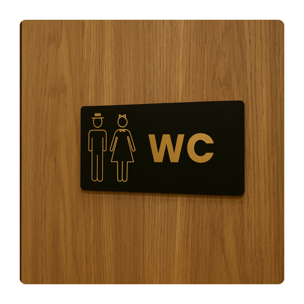 Gold Siyah Pleksi WC Kapı Panosu – 15x30 cm Şapkalı & Fiyonklu Tasarım