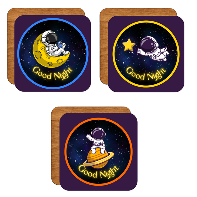 Good Night Astronot Temalı 6'lı Ahşap Bardak Altlığı