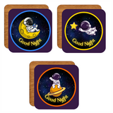 Good Night Astronot Temalı 6'lı Ahşap Bardak Altlığı