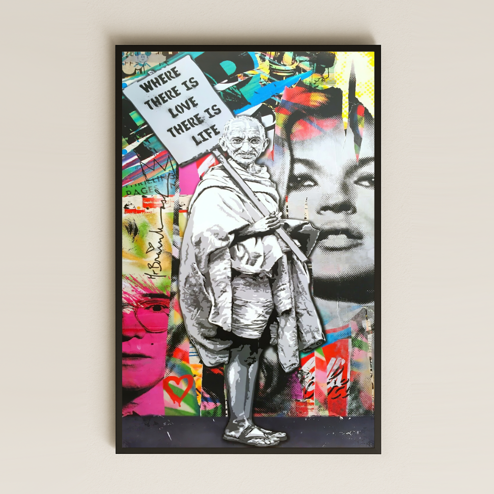 Graffiti Gandhi ve Aşk Mesajlı Şeffaf Pleksi Pop-Art Tablo