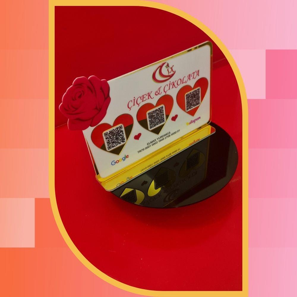 Gül Detaylı Plus Gold QR Kod & NFC Sosyal Medya Standı - Çiçekçi ve Çikolatacı Özel Seri