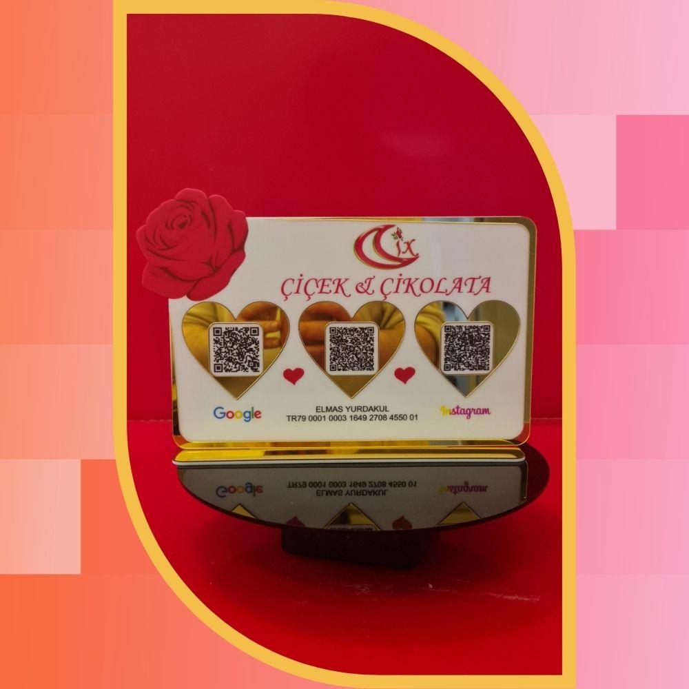 Gül Detaylı Plus Gold QR Kod & NFC Sosyal Medya Standı - Çiçekçi ve Çikolatacı Özel Seri