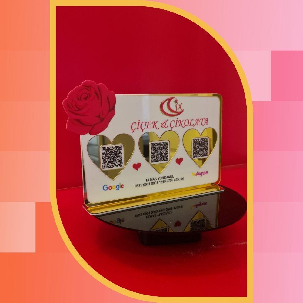 Gül Detaylı Plus Gold QR Kod & NFC Sosyal Medya Standı - Çiçekçi ve Çikolatacı Özel Seri