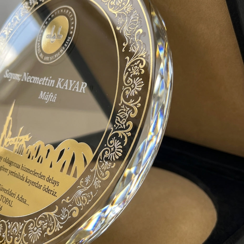 Lüks Deri Kutulu Yuvarlak Cam Plaket – 25x25 cm Kurumsal Ödül ve Teşekkür Plaketi