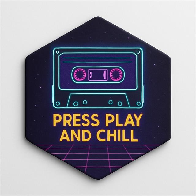 “Press Play and Chill” Neon Kaset Tasarımlı Ahşap Bardak Altlığı