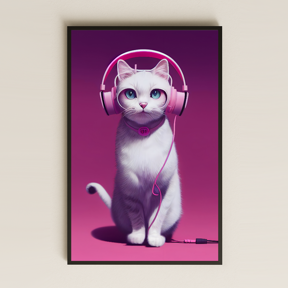 Kulaklıklı Beyaz Kedi Dijital Sanat Pleksi Tablo