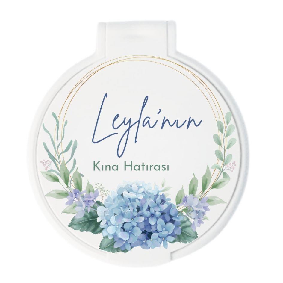 Leyla'nın Mavi Çiçek Temalı Kına Hatırası Yuvarlak Ayna