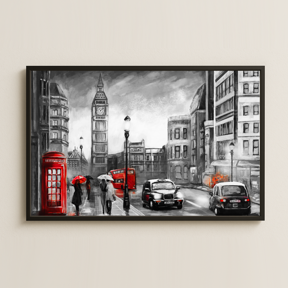 Londra Şehir Yağmuru Temalı Kırmızı Detaylı Pleksi Tablo