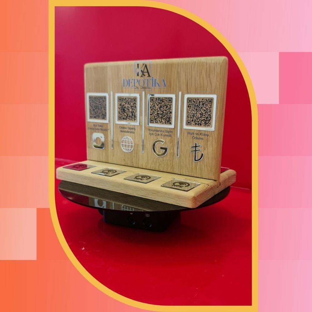 Meşe Ağacı Çift Taraflı NFC ve QR Kodlu Sosyal Medya Standı