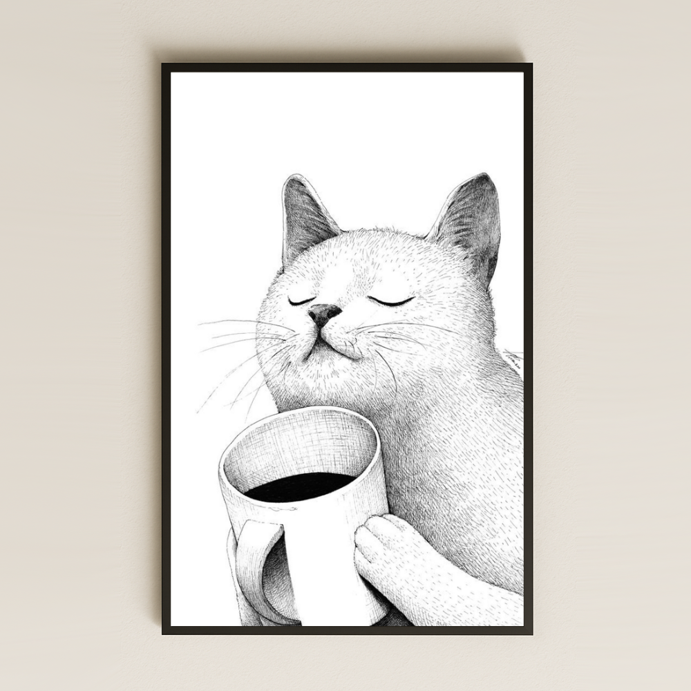 Minimal Kahve Keyfi Yaşayan Kedi Çizim Pleksi Tablo
