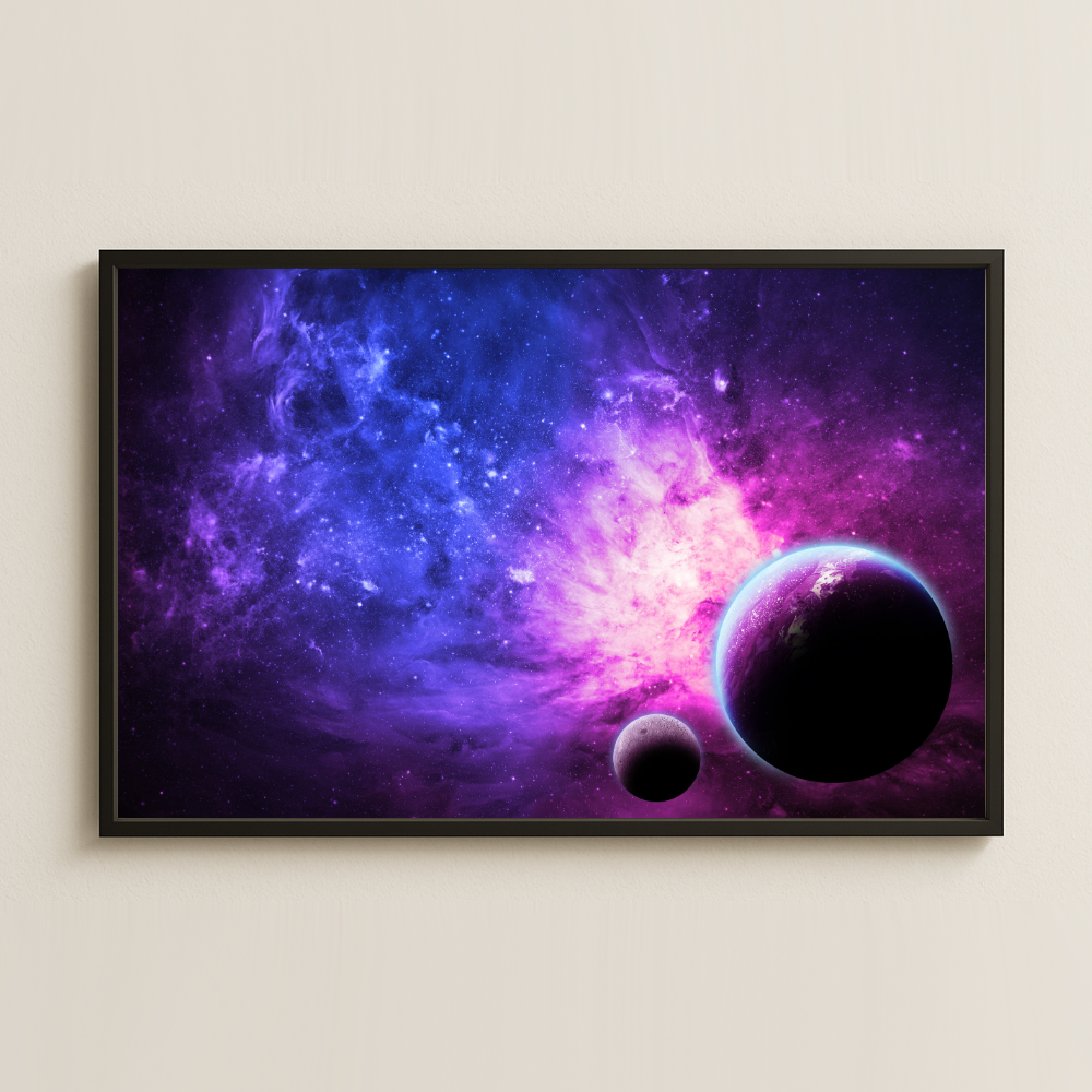Mor Mavi Nebula ve İki Gezegen Temalı Dijital Uzay Tablosu