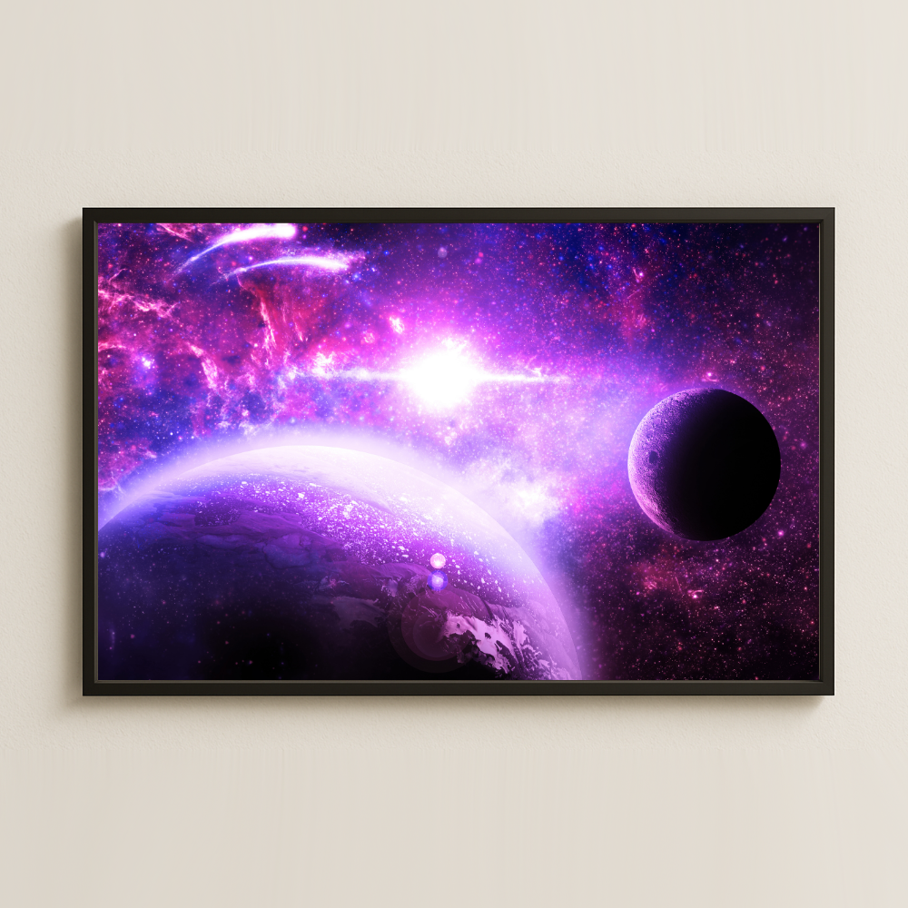 Mor Nebula ve Gezegen Manzaralı Kozmik Dijital Sanat Pleksi Tablo