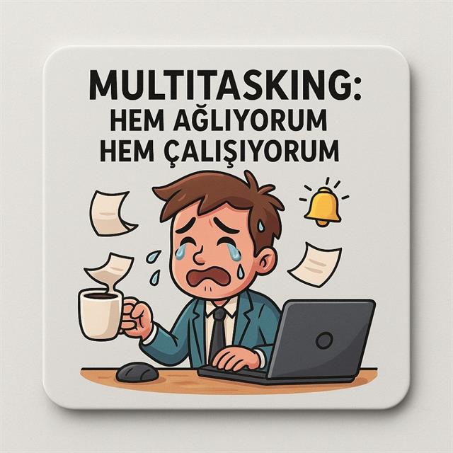 “Multitasking: Hem Ağlıyorum Hem Çalışıyorum” Yazılı Ahşap Bardak Altlığı