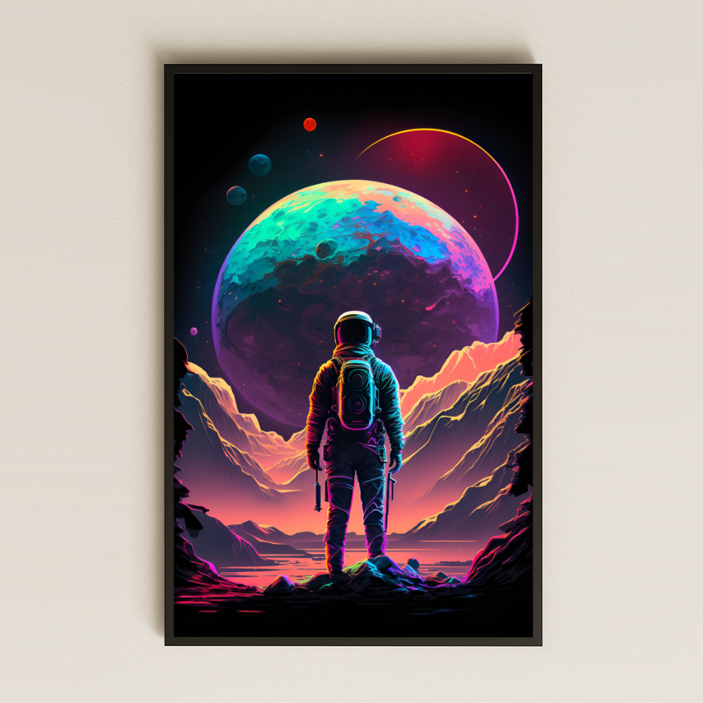 Neon Gezegene Bakan Astronot Temalı Pleksi Tablo - Kozmik Bilimkurgu Dekoru