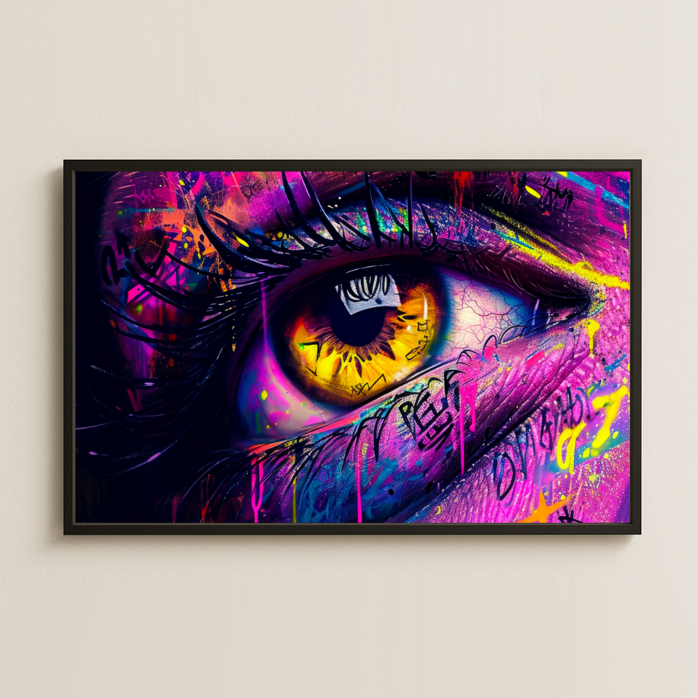 Neon Graffiti Göz Tasarımlı Yatay Şeffaf Pleksi Tablo