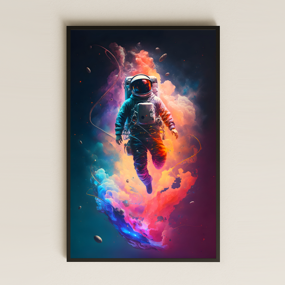Neon Renk Patlamasıyla Süzülen Astronot Pleksi Tablo - Kozmik Hayal Gücü Dekoru