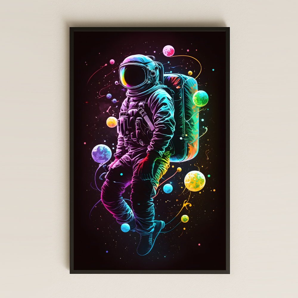Neon Renkli Gezegenler Arasında Astronot Pleksi Tablo - Kozmik Sanat Dekoru