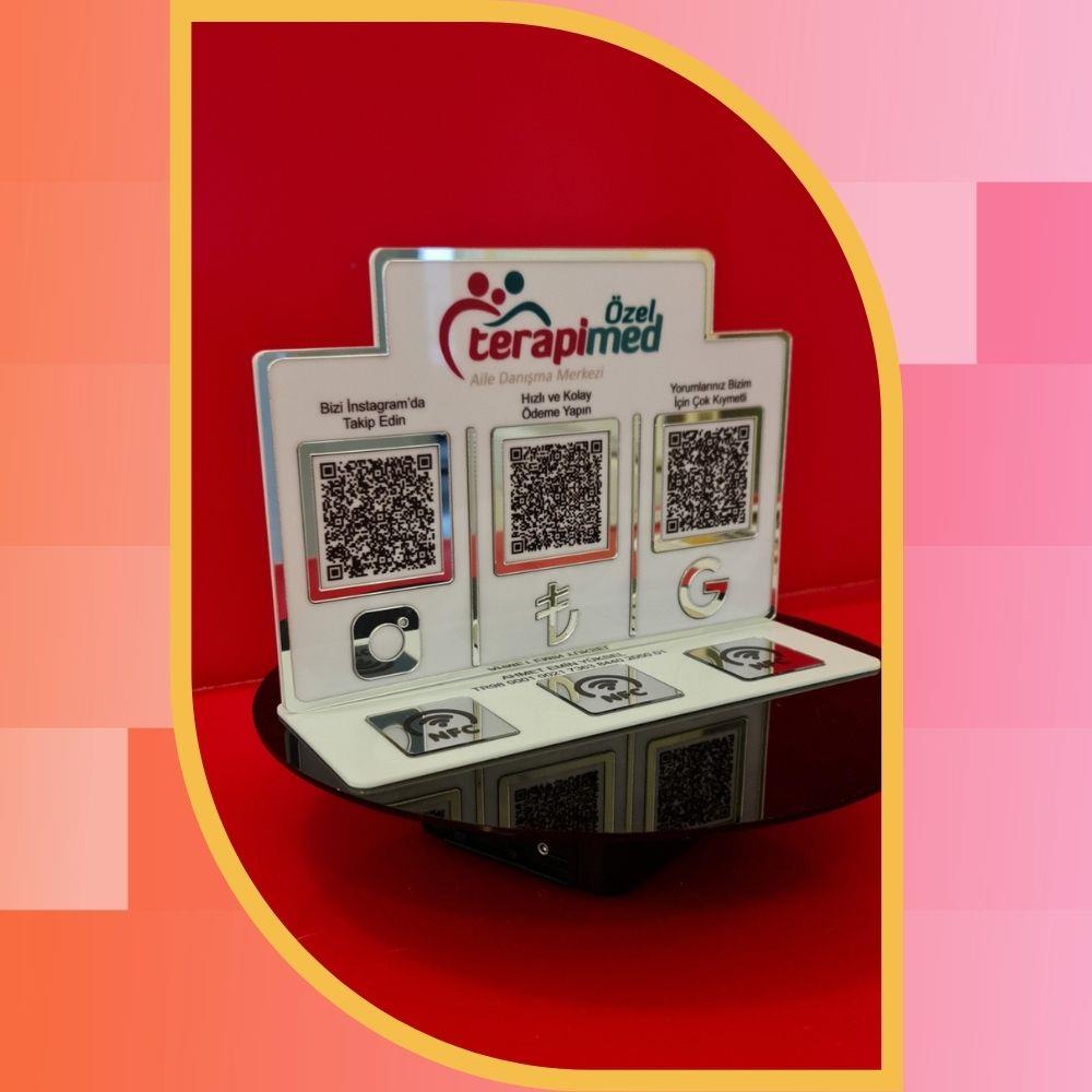 NFC ve QR Kodlu Masaüstü Sosyal Medya & Ödeme Standı - Tüm Sektörlere Özel Tasarım