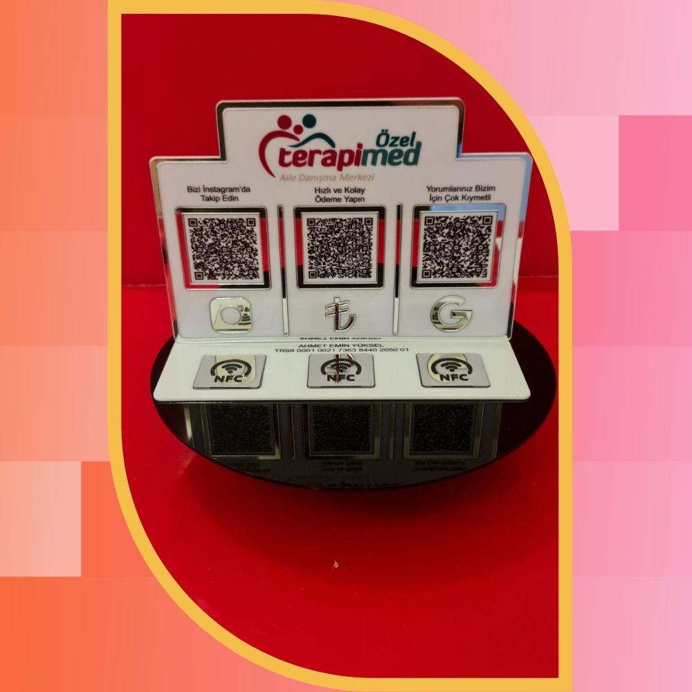 NFC ve QR Kodlu Masaüstü Sosyal Medya & Ödeme Standı - Tüm Sektörlere Özel Tasarım