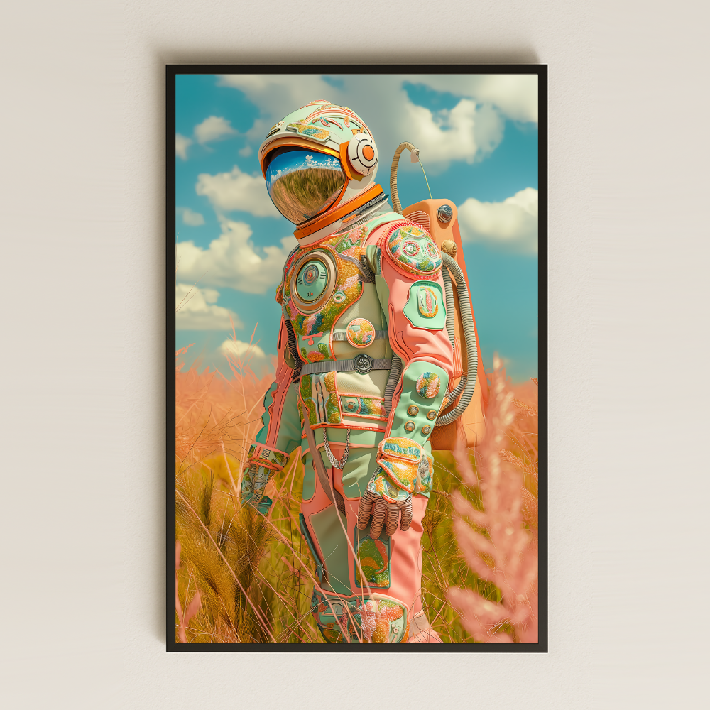 Pastel Renkli Astronot ve Çayır Manzaralı Dijital Sanat Pleksi Tablo