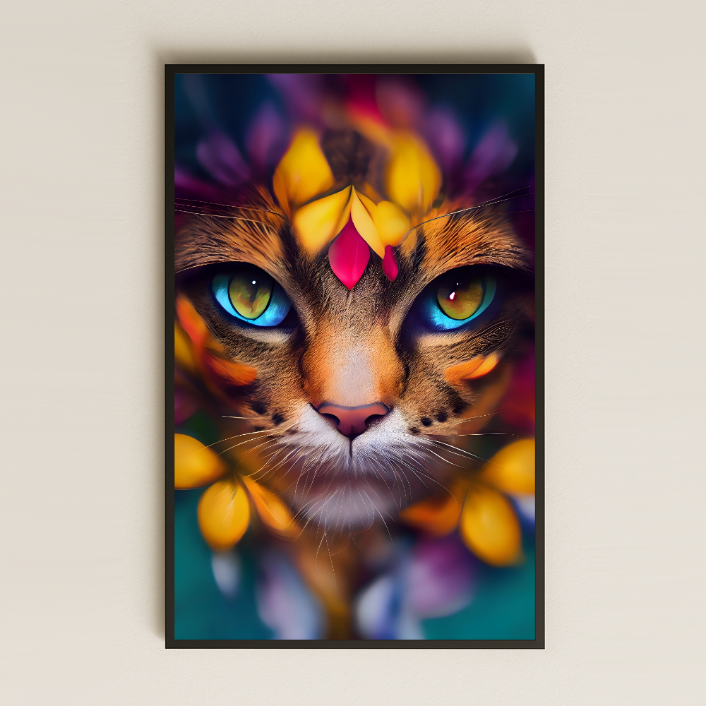 Renkli Çiçekli Kedi Portresi Dijital Sanat Pleksi Tablo