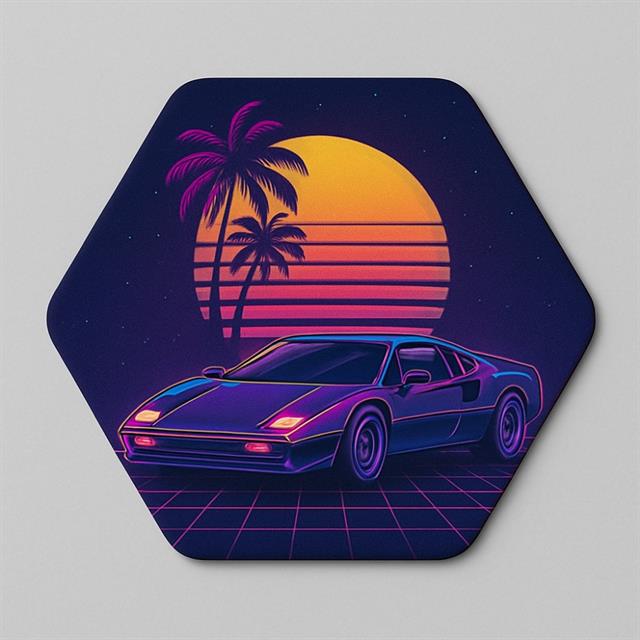 Retro Araba ve Gün Batımı Tasarımlı Neon Ahşap Bardak Altlığı