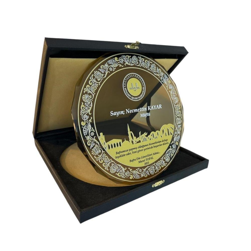 Siyah Deri Kutulu Altın İşlemeli Kristal Tabak Plaket