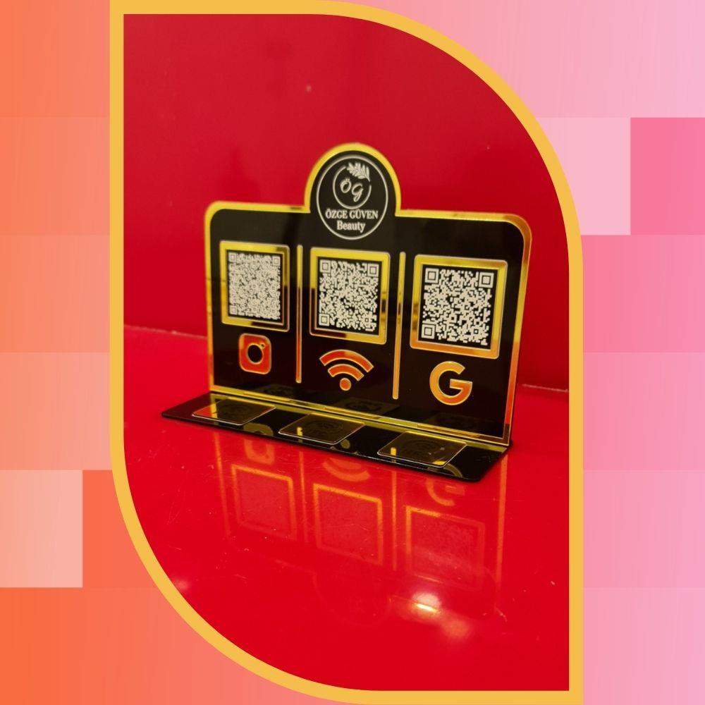 Siyah Gold 3'lü QR Kod ve 3'lü NFC Sosyal Medya & Wi-Fi Standı