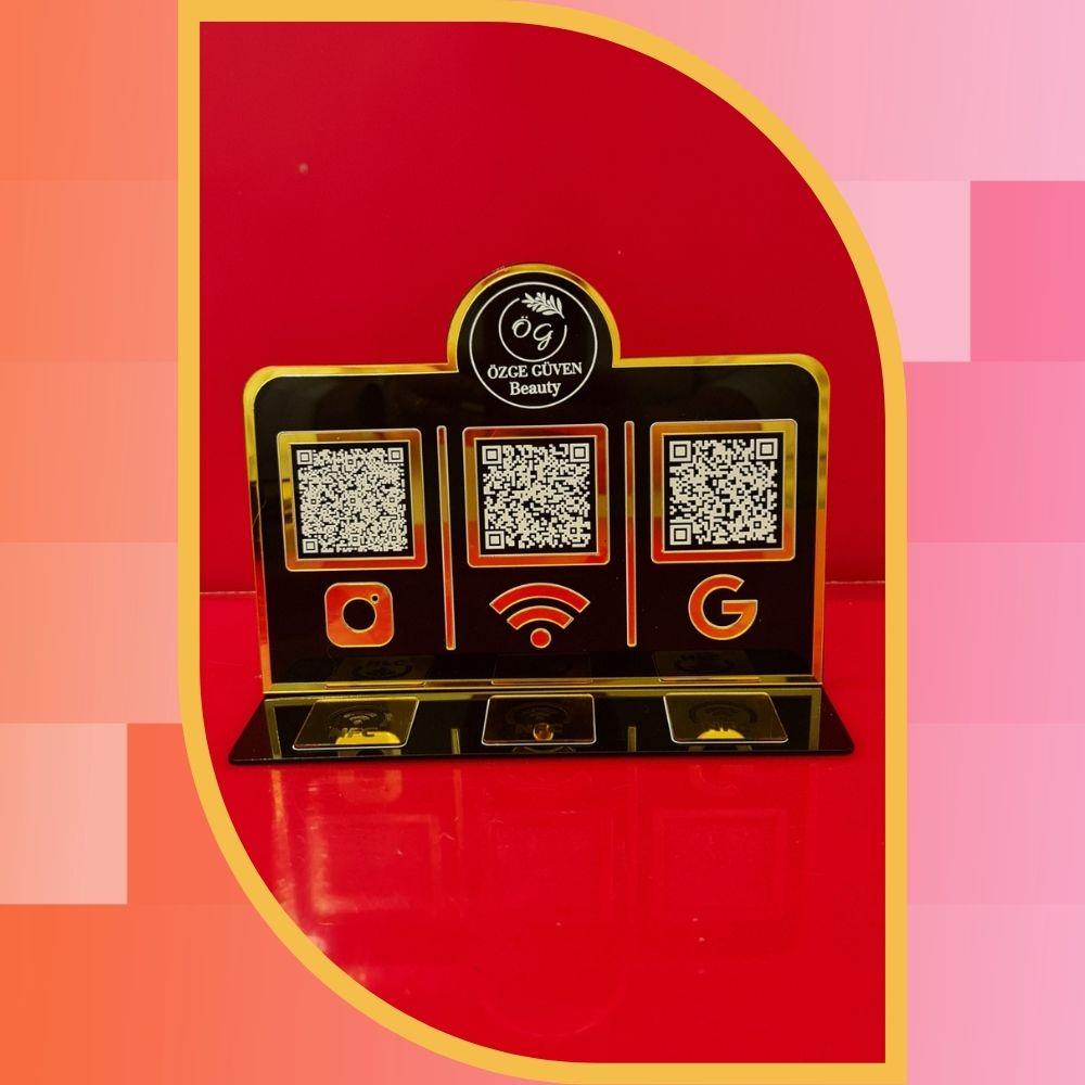 Siyah Gold 3'lü QR Kod ve 3'lü NFC Sosyal Medya & Wi-Fi Standı