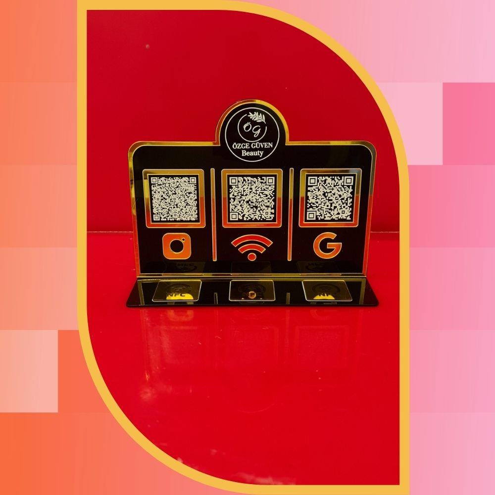 Siyah Gold 3'lü QR Kod ve 3'lü NFC Sosyal Medya & Wi-Fi Standı