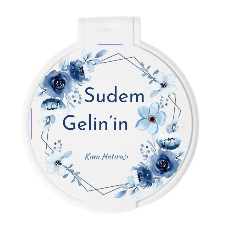 Sudem Gelin'in Mavi Çiçekli Kına Hatırası Yuvarlak Ayna
