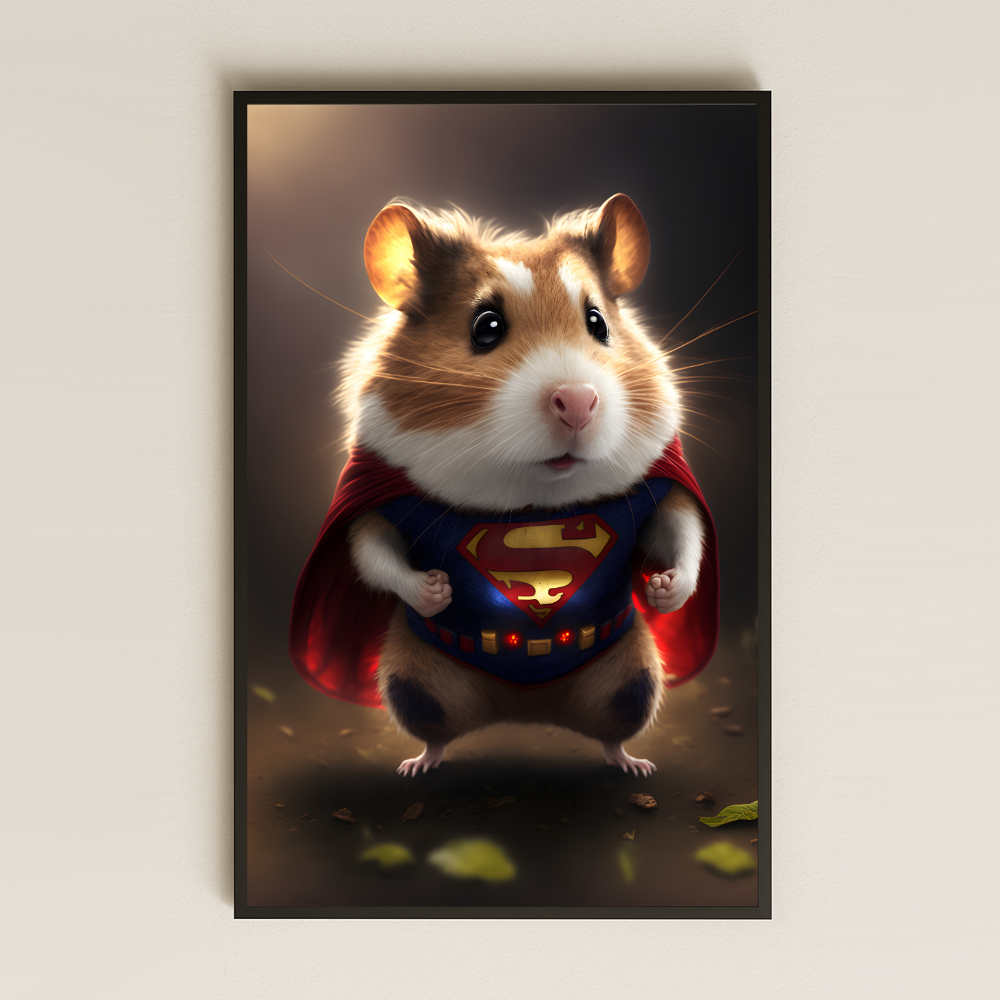 Superman Kostümlü Hamster Dijital Sanat Pleksi Tablo