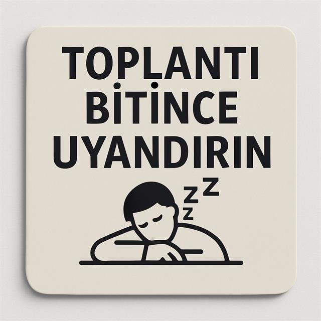 “Toplantı Bitince Uyandırın” Yazılı Ahşap Bardak Altlığı