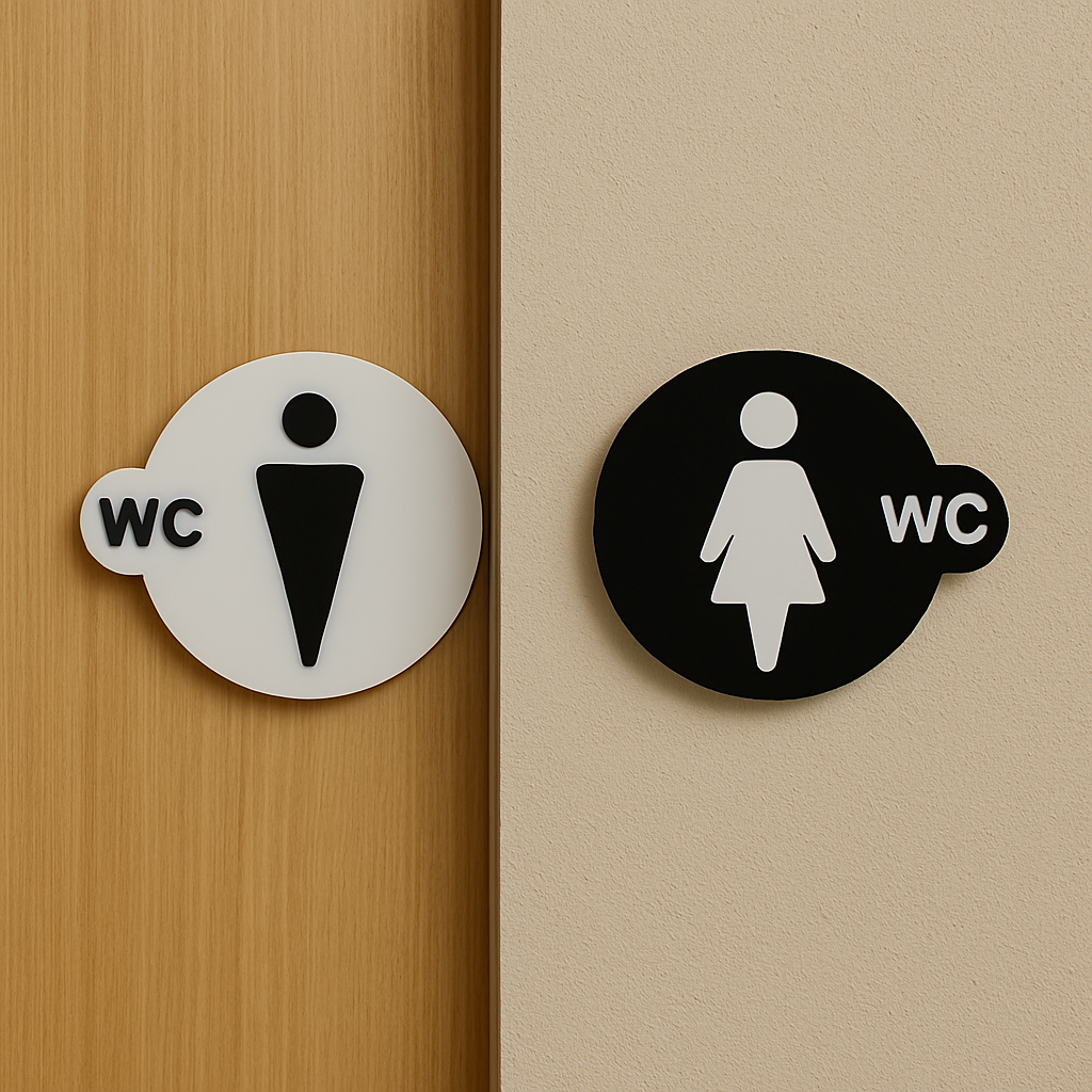 Yuvarlak Siyah-Beyaz WC Kapı Panosu – Erkek & Kadın Seti