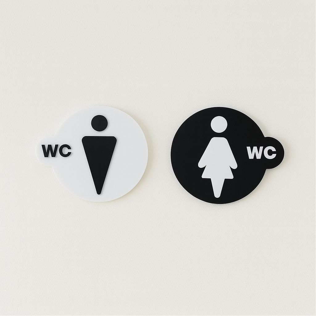 Yuvarlak Siyah-Beyaz WC Kapı Panosu – Erkek & Kadın Seti