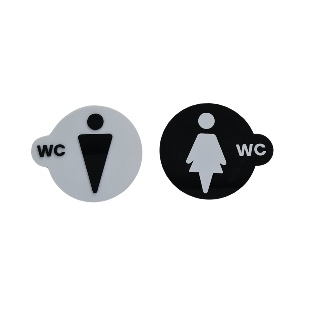 Yuvarlak Siyah-Beyaz WC Kapı Panosu – Erkek & Kadın Seti